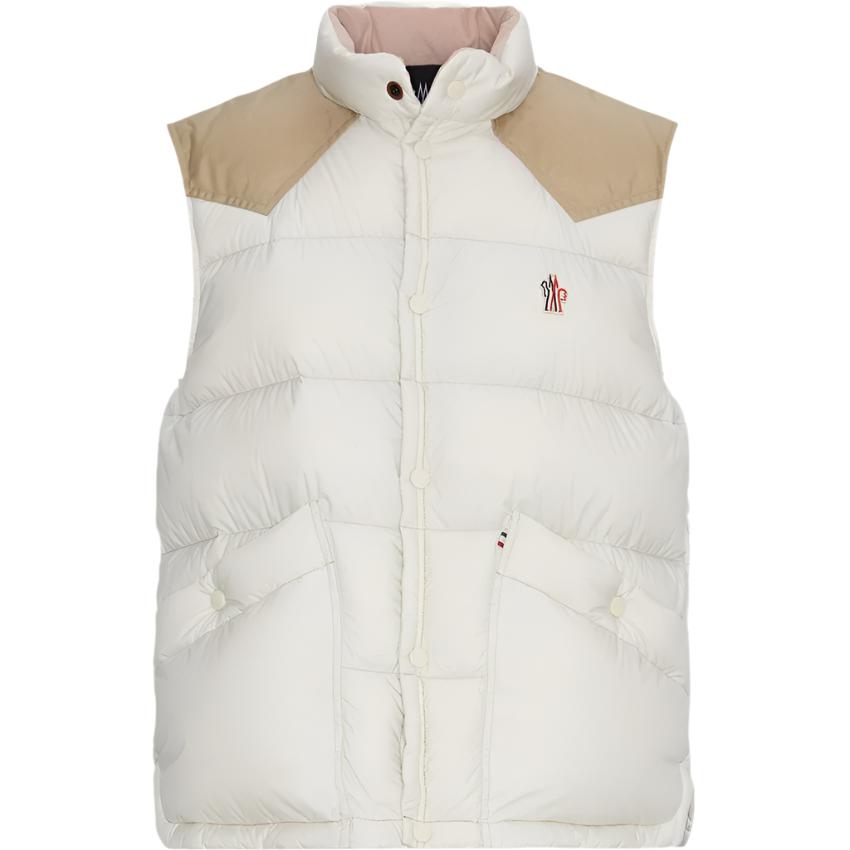 White puffer vest with beige shoulders on a white background
