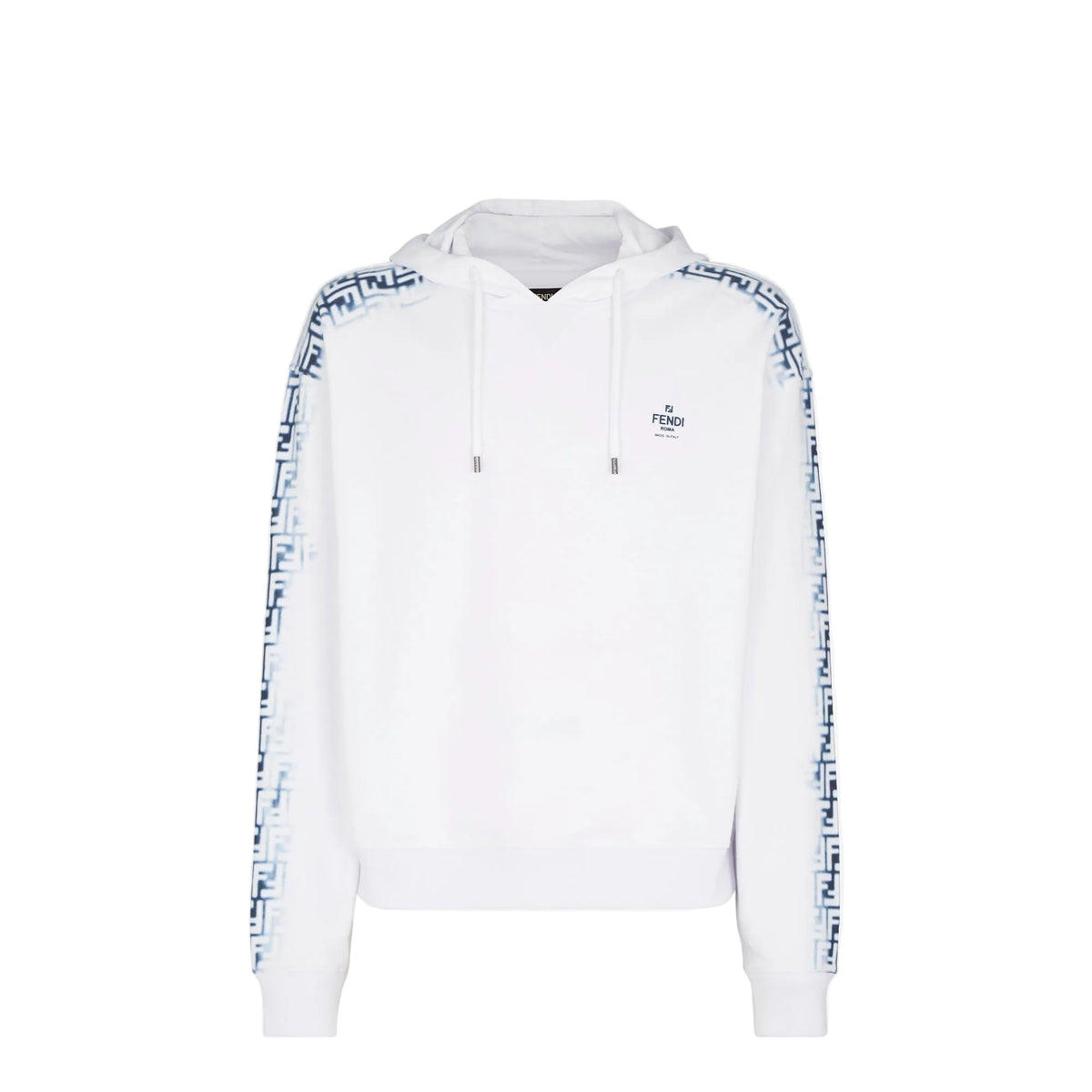 White hoodie with blue pattern on sleeves against a white background