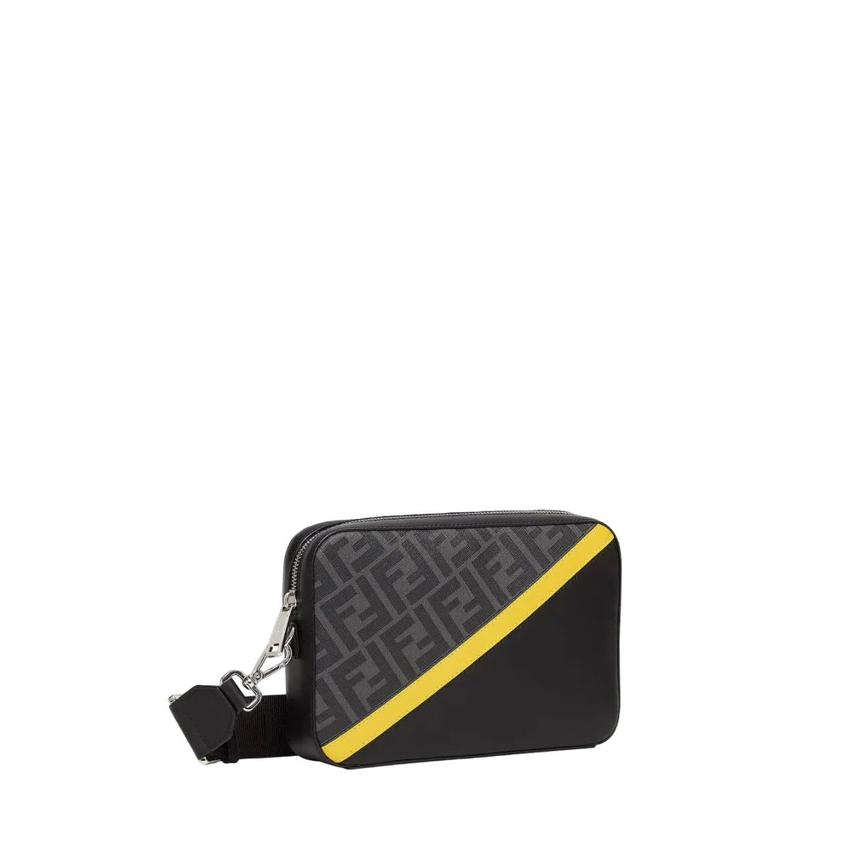 Black crossbody bag with yellow stripe on a white background