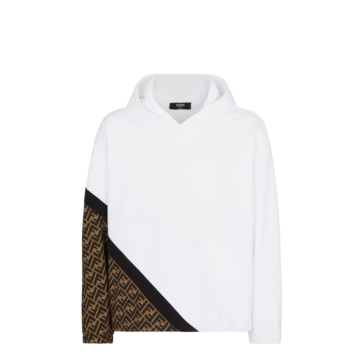 White hoodie with a patterned side panel on a white background